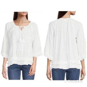 anthropologie Akemi + kin white embroidery boho ruffle sleeves sheer top size xs